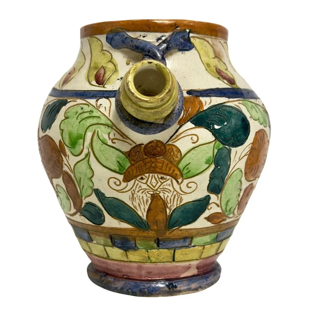 Vintage Italian Maiolica Pottery Ewer Pitcher Hand Painted Folk Art Vase Italy